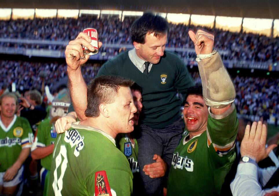 Mal Meninga celebrates after winning the 1989 Canberra-Balmain grand final: "All I ever did was play good footy."
 Photo: Supplied 