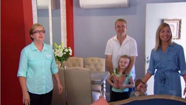 Canberra man Judd Hoyle and his family with Bezzina House manager Denise Clancy as they inspect Kate and Harry's makeover of one of the rooms at the cancer lodge on House Rules. Photo: supplied