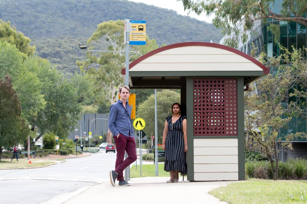 ANU student advocates Zyl Hovenga-Wauchope, left, and Madhumitha Janagaraja are among more than 1000 students calling for the ANU bus service to be saved in the new bus network. Photo: Elesa Kurtz