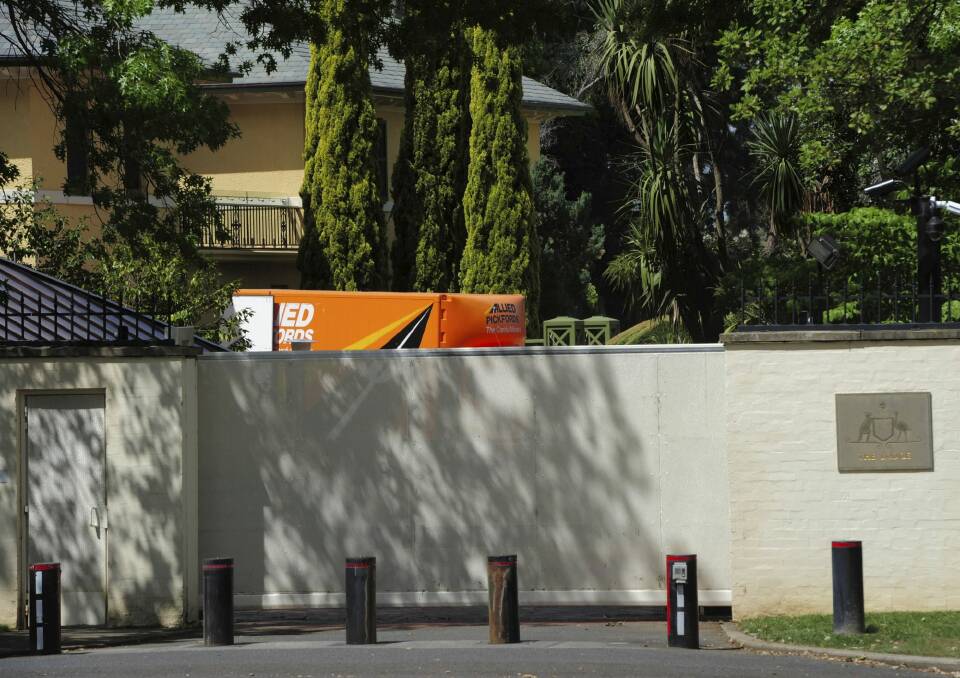 A removalist van parked inside the Prime Minister's Canberra residence. Photo: Graham Tidy 