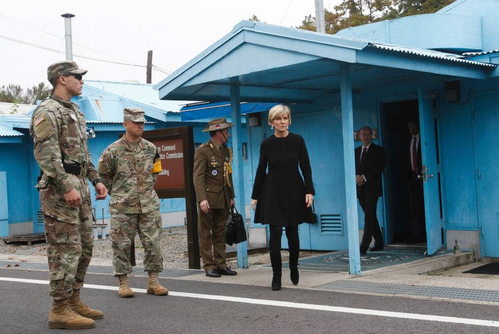 Foreign Minister Julie Bishop outside the Neutral Nations Supervisory Commission room at the border village of Panmunjom in South Korea last month. Photo: AP
