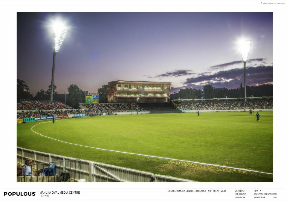 An artist's impression of the proposed Manuka Oval media centre, from an ACT government development application. Photo: Populous