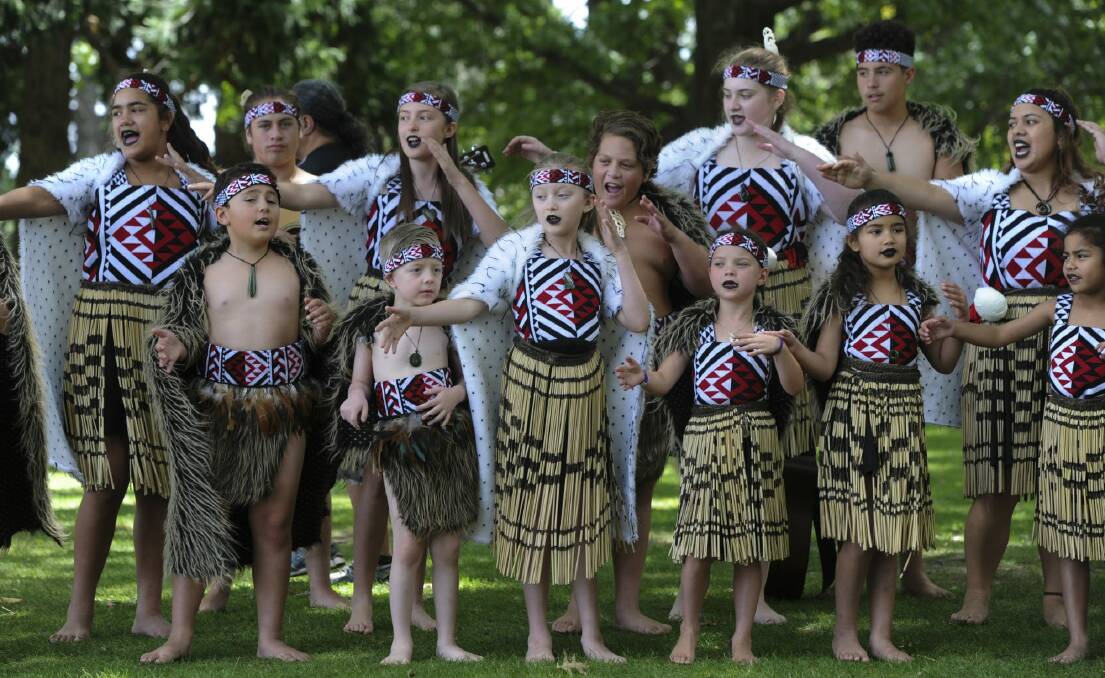 Members of the Tumanako Maori Culture Group singing and dancing at Waitangi Day celebrations in Queanbeyan.  Photo: Graham Tidy