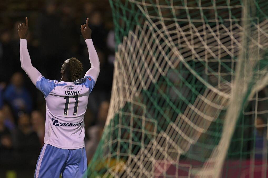 Bernie Ibini-Isei of Sydney FC celebrates scoring a goal during his comeback match after more than a year out with a broken leg. Photo: Getty Images