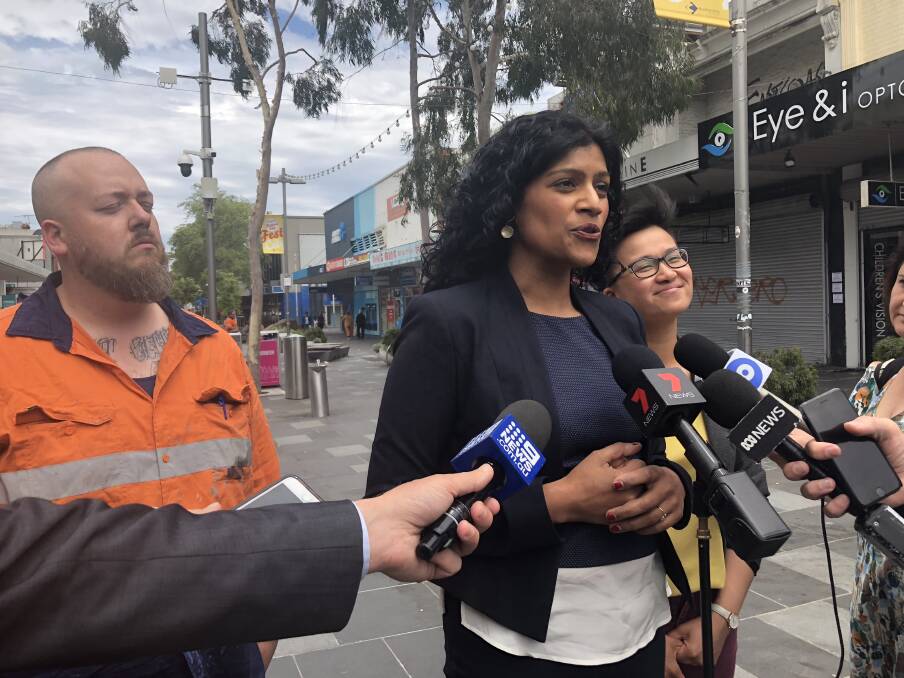 Victorian Greens leader Samantha Ratnam flanked by the party's Footscray candidate Angus McAlpine and upper house MP Huong Truong Photo: Benjamin Preiss