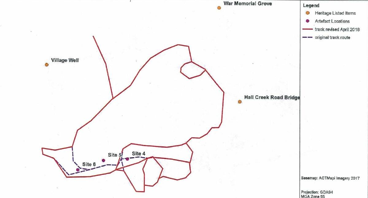 A map showing the route of the rejected Hall bike track, after it was revised to avoid three sites where Aboriginal artefacts were found. Photo: Navin Officer Heritage Consultants
