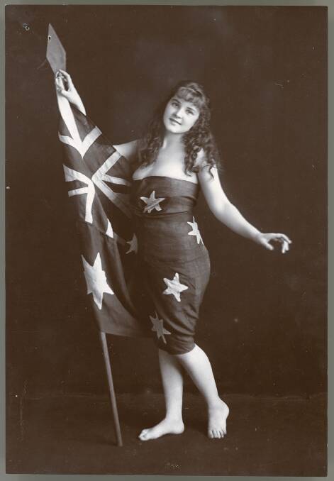 Patriotically alluring Marie Celeste wrapped in the flag. Photo: National Archives of Australia
