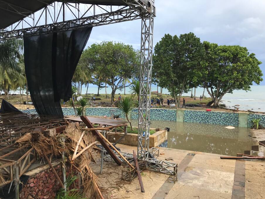 One of two stages at the Tanjung Lesung resort in western Java destroyed by the tsunami. This stage hosted a comedian, 'Brother Jimmy'. He died in the wave. Photo: James Massola