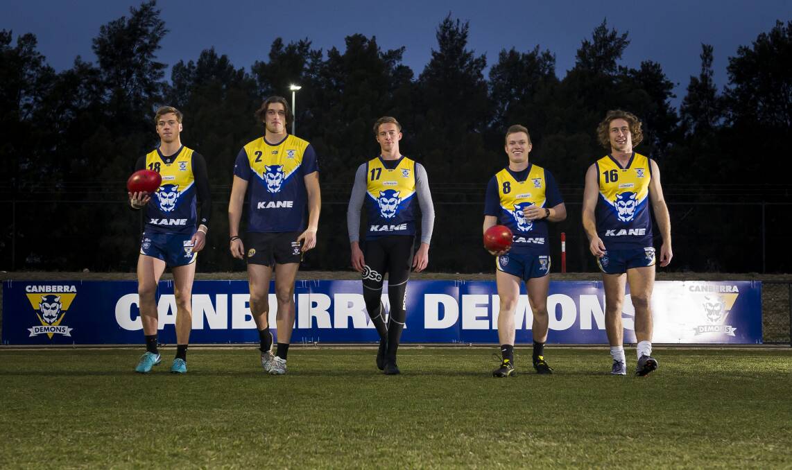 Canberra Demons players Angus Baker, Alex Paech, Jarrod Osborne, Mitch Maguire and Mitch Hardie could be picked up in the AFL draft. Photo: Elesa Kurtz