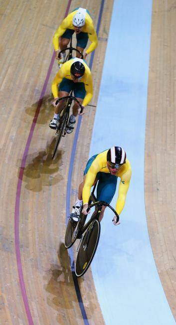 Matthew Glaetzer, Nathan Hart, and Shane Perkins in the men's team sprint. Photo: Getty Images