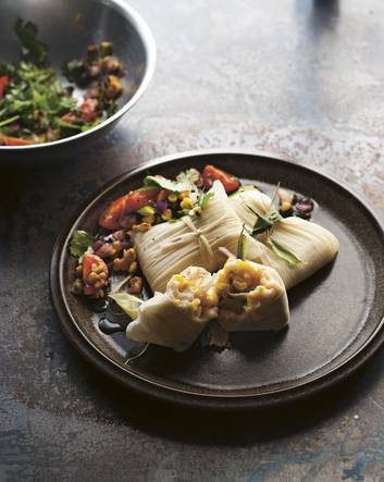 Corn tamales with lime, coriander and red onion salsa. Photo: Supplied