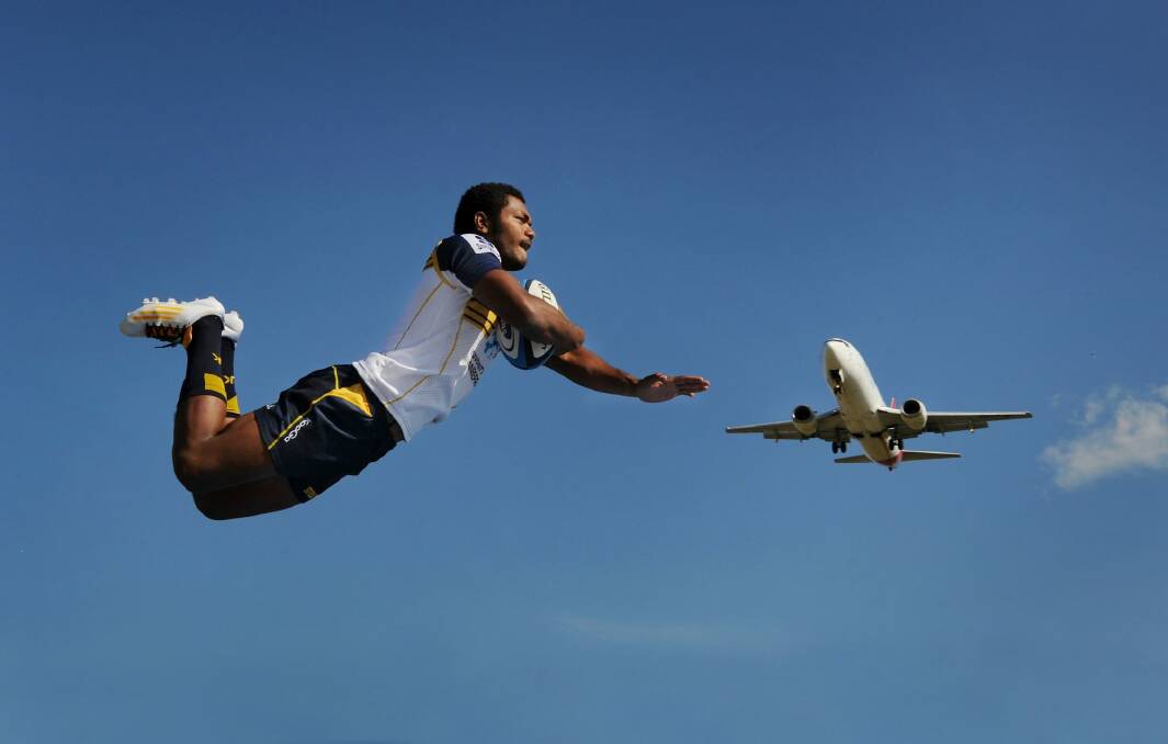 Brumbies high flying wing Henry Speight. Photo: Colleen Petch 