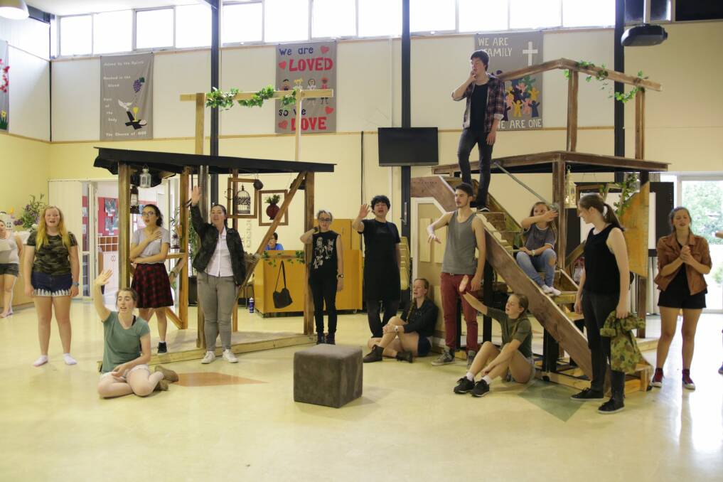 Most of the cast of Foxes in 'Which Way', the last song of Act I. From left: Stephanie Stephens, Abby Maskell, Angela Parnell, Tessani Wells, Hazel Kinnear, Jason Sarossy, Sarah Stephens, Tanner Clark, Caleb Wells, Hannah Pengilly, Matilda Watts, Katherine Berry, Shelly Robb. Photo: Supplied