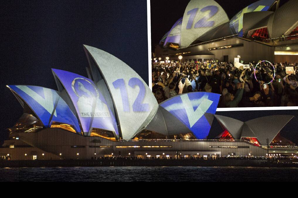 Protesters opposed the projection of material promoting The Everest racing event onto the sails of the Opera House earlier this month. Photo: Wolter Peeters, James Brickwood