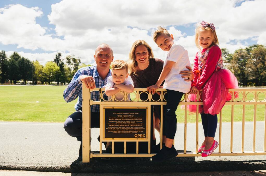 Brad Haddin with his wife, Karina, and three children, Hugo, 4, Zac, 8, and Mia, 6, at the newly named Brad Haddin Oval in Queanbeyan. Photo: Rohan Thomson