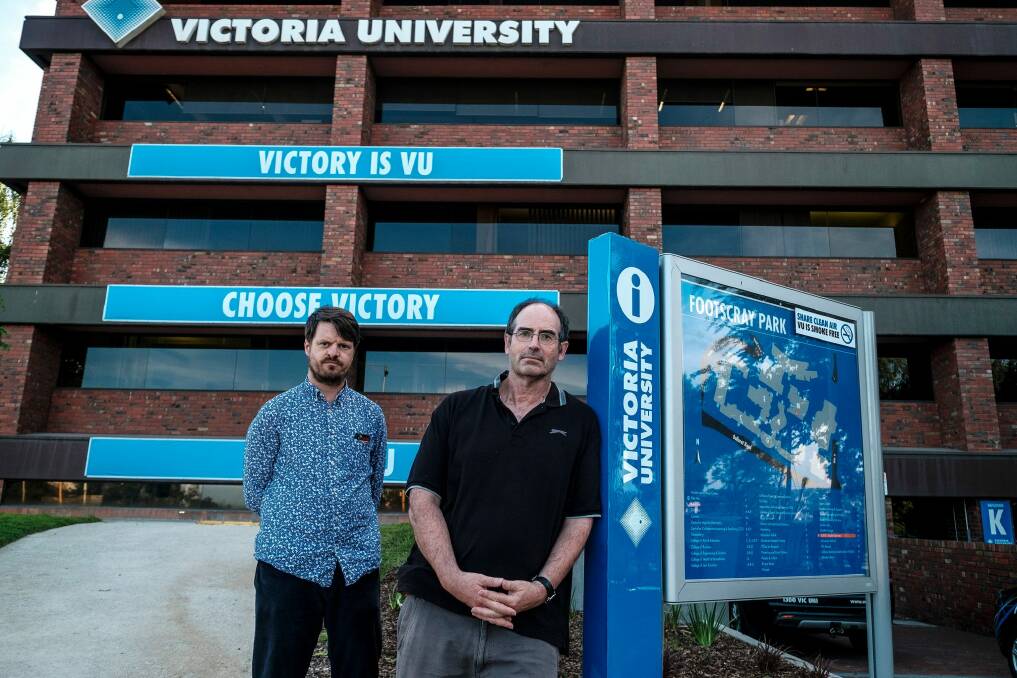 Victoria University academics Dr Paul Adams and Dr Tom Clark are upset about a plan that will lead to up to 115 job losses at Victoria University. Photo: Luis Ascui