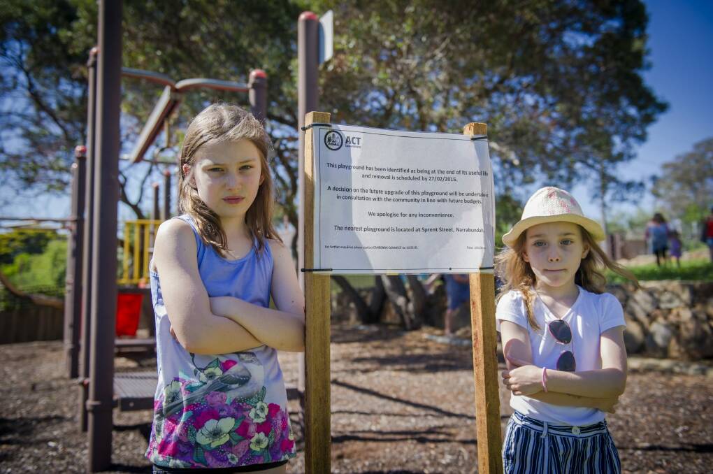 Sisters Olivia, 8, left, and Sophia Baker, 6,  of Narrabundah, are making the most of the Rocky Knob playground before it shuts down. Photo: Jamila Toderas