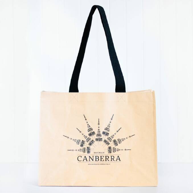 Made from biodegradable and toughened paper, the tote  features Handmade's exclusive Telstra Tower drawing by Little Noisy Miner. Photo: Supplied