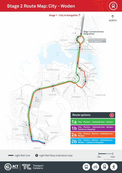 The two routes put out for public consultation earlier this year. The red route was the government's preferred option but a federal parliamentary committee found it would be more difficult to get approval for this option as it deviated from the National Capital Plan.  Photo: Supplied