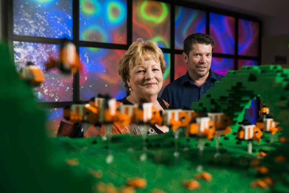 Elizabeth Harris from the Canberra Hospital Foundation with David Boddy, chairman of the Canberra Brick Expo with the underwater lego art piece donated to the children's ward.  Photo: Rohan Thomson