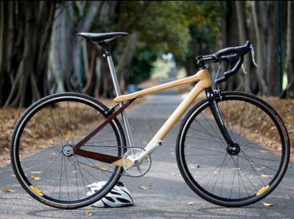 The bike, made from Australian Araucaria and Black Wood timber reinforced with carbon fibre. Photo: Jeffrey Chan