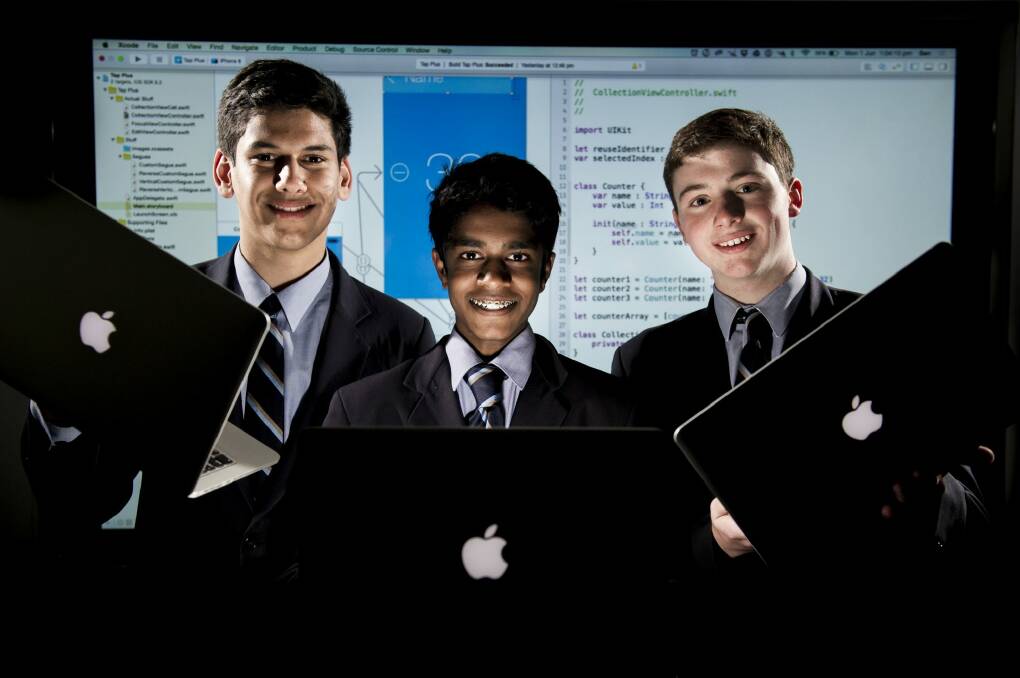 Ben Maliel, Deepan Kumar, and Christopher Seidl  Year 10 at Canberra Grammar School have been awarded a scholarship to travel to San Francisco for Apple's international coding conference. Photo: Jay Cronan