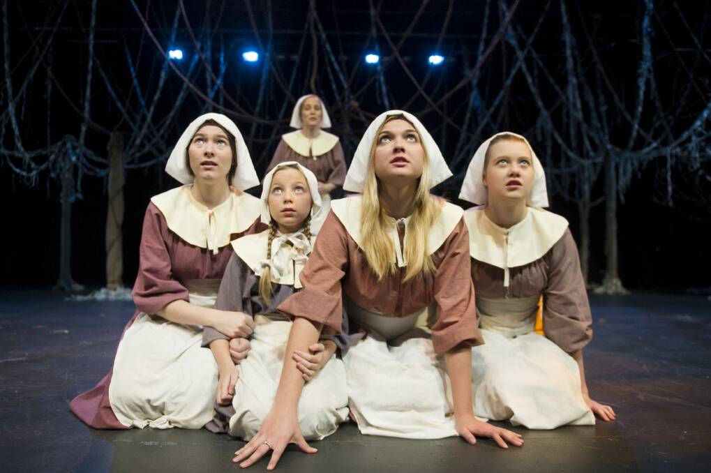 The hysterical girls from the cast of The Crucible ( from left) Yanina Clifton, Katy Larkin,  Zoe Priest, Alysandra Grant, (back) Saffron Dudgeon.
The Canberra Times
Date: 28 April 2015
Photo Jay Cronan Photo: Jay Cronan