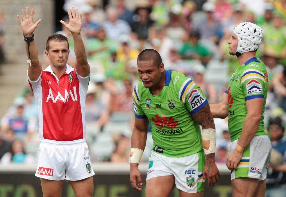 Raiders centre Joey Leilua is sent to the sin bin on Saturday. Photo: Getty Images