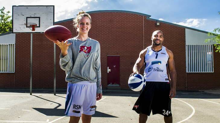 Canberra Capitals' Alice Coddington and fianc? Michael Smith who plays NFL for the Tampa Bay Buchaneers, swap outfits. Photo: Rohan Thomson