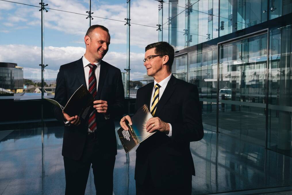 Andrew Barr with Brendan Smyth, launching their international engagement strategy at Canberra Airport. Photo: Rohan Thomson