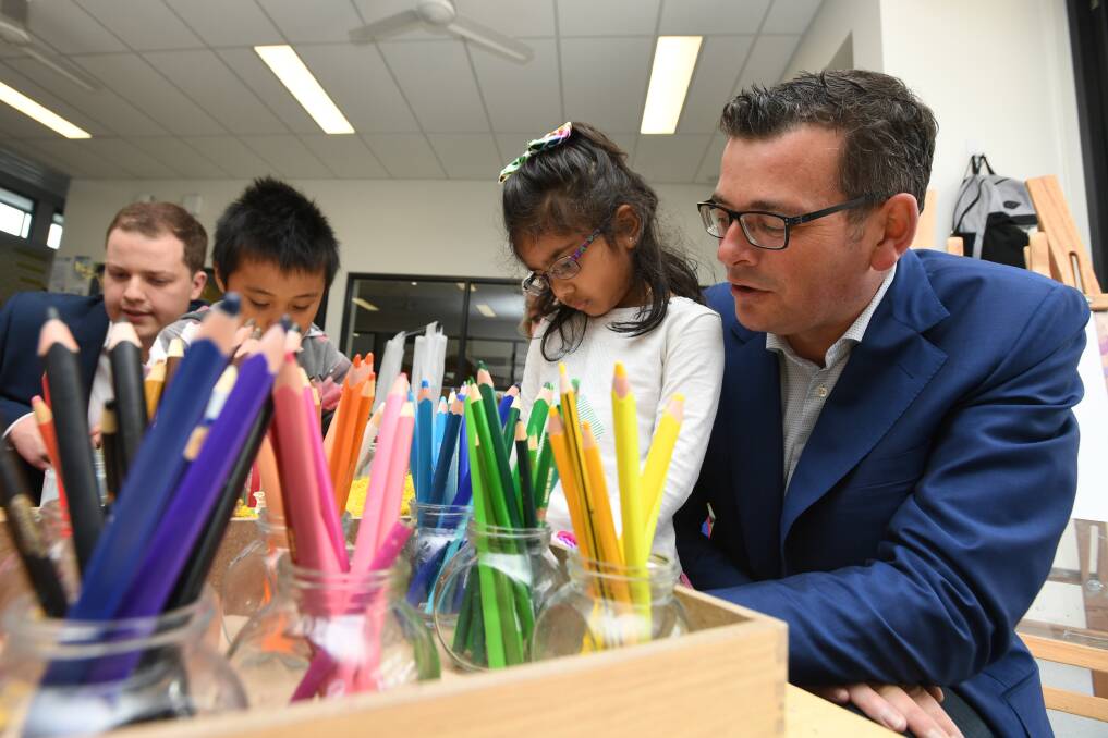 Daniel Andrews with students at the Bridgewater Intergrated Child and Family Centre on November 7. Photo: AAP