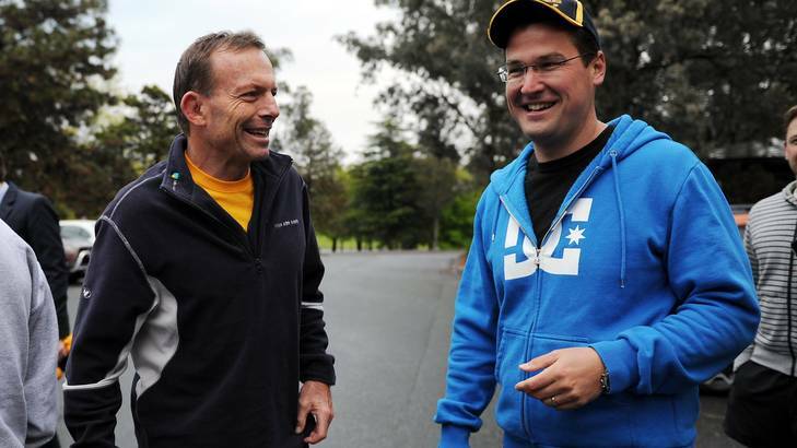 Federal leader of the Liberal party Tony Abbott had a morning run with ACT Liberal leader Zed Seselja around Lake Burley Griffin today. Photo: Colleen Petch
