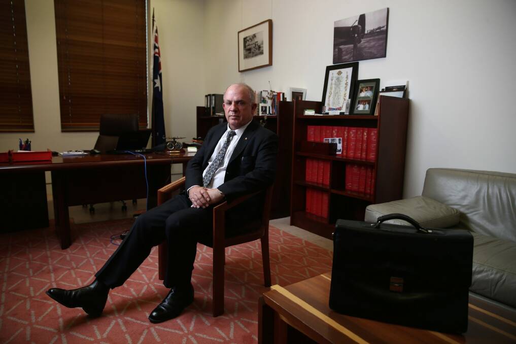 Nationals senator John Williams in his office at Parliament House. Photo: Alex Ellinghausen