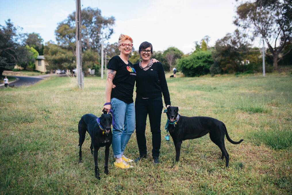 Frankie Bodel and Julie Maynard with their dogs Molly and Heidi. Photo: Rohan Thomson