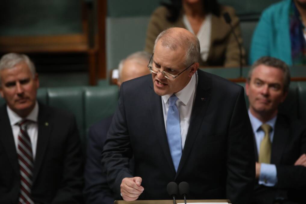 Scott Morrison announcing his third federal budget on Tuesday. Photo: Dominic Lorrimer