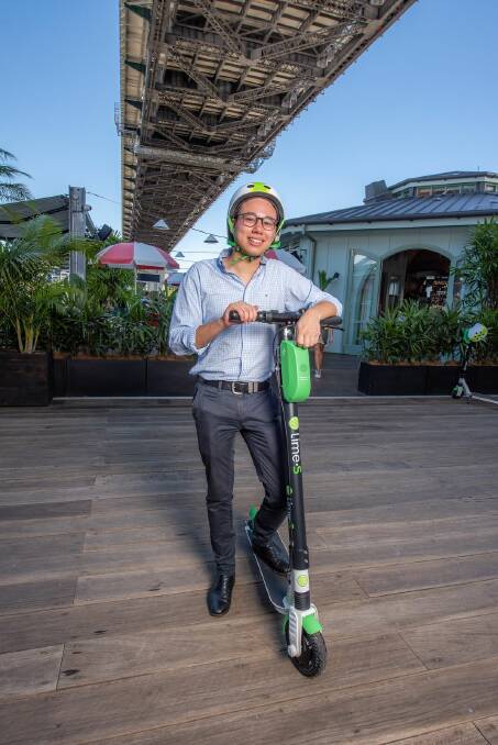 Lime provides helmets for electric scooters, but they seem to be dwindling in Brisbane.  Photo: Joseph Byford