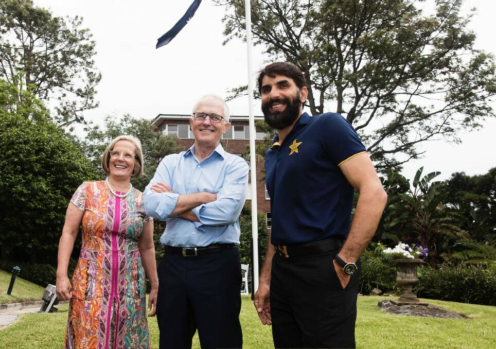 Malcolm and Lucy Turnbull pose with national captain Misbah-ul-Haq from the Pakistan cricket team at Kirribilli House on January 1 this year. Photo: Christopher Pearce