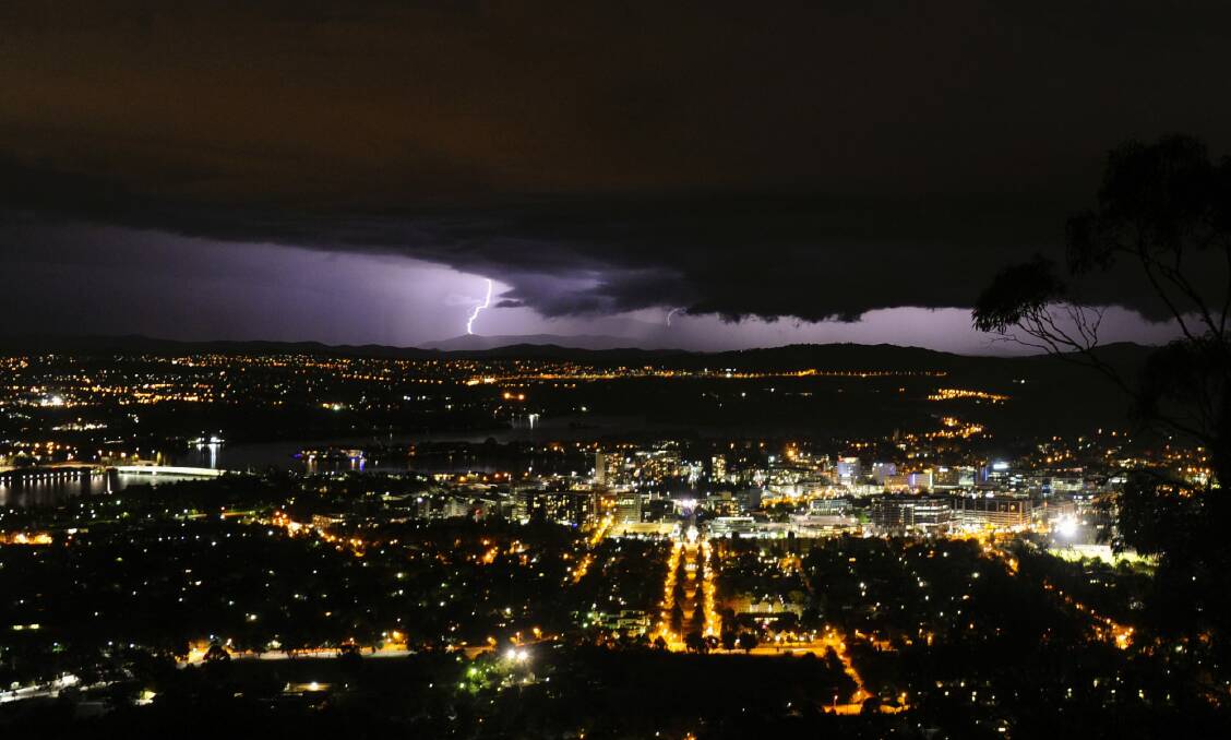 Lightning seen from Mt Ainslie Monday night. Photo: Melissa Adams