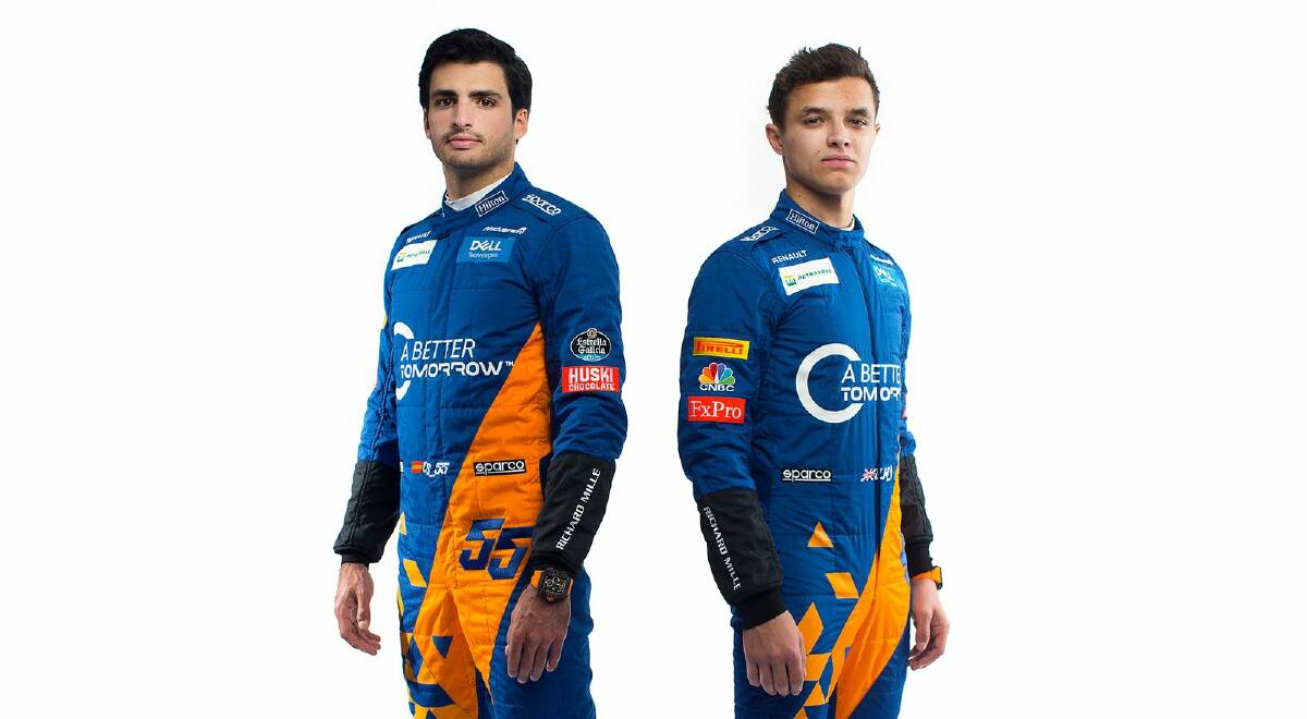 McLaren drivers Carlos Sainz and Lando Norris in racegear with the 'A Better Tomorrow' slogan Photo: Supplied