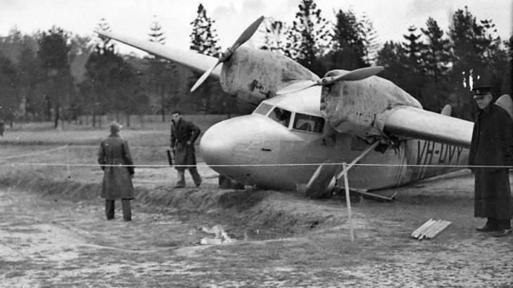 HARD LANDING: A Gannet which crashed at Gosford in 1937. It suffered less damage than the one that made a forced landing in Canberra five years later. Photo: Supplied