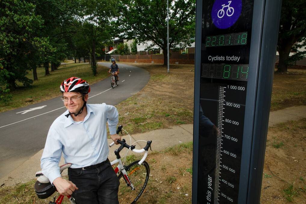 Ian Ross from Pedal Power ACT with the bike barometer in O'Connor. The barometer has proven Canberra to be the cycling capital of Australia.  Photo: Sitthixay Ditthavong