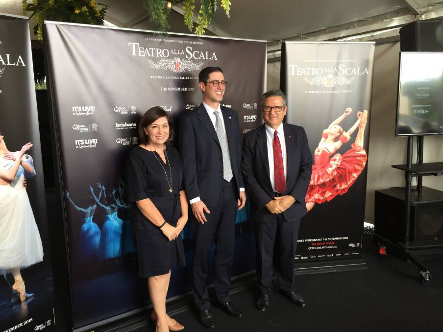 Arts Minister Leeanne Enoch, Italian Consulate spokesman Ludovico Carlo Camussi and QPAC chief executive John Kotzas (left to right) announcing five years of negotiations have paid off.  Photo: Toby Crockford - Fairfax Media