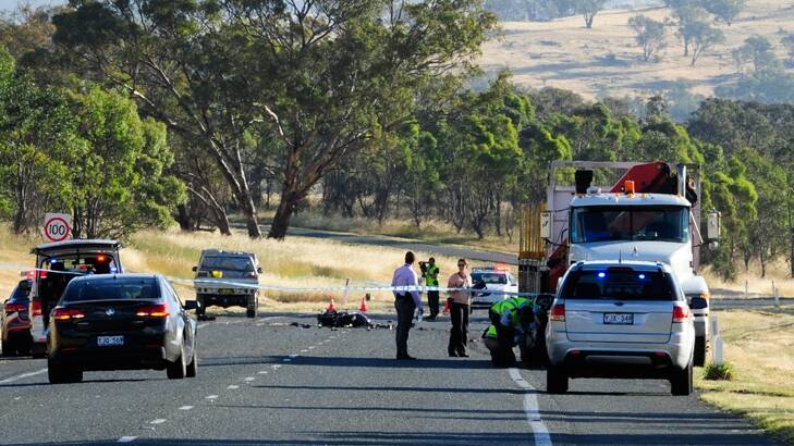 Scene at the  fatal collision on the Monaro Highway involving a motorcycle and truck.   Photo: Melissa Adams