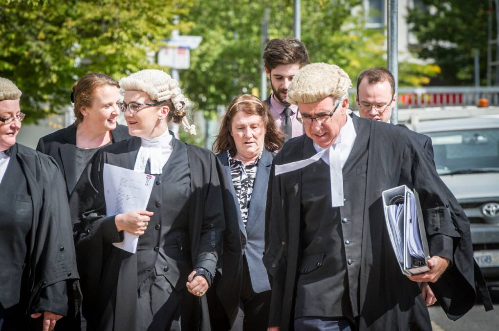 Defence barristers Beth Morrisroe (front left), for Bjorn Beowulf, and Ken Archer (front right), for Thorsten Beowulf. Photo: Karleen Minney
