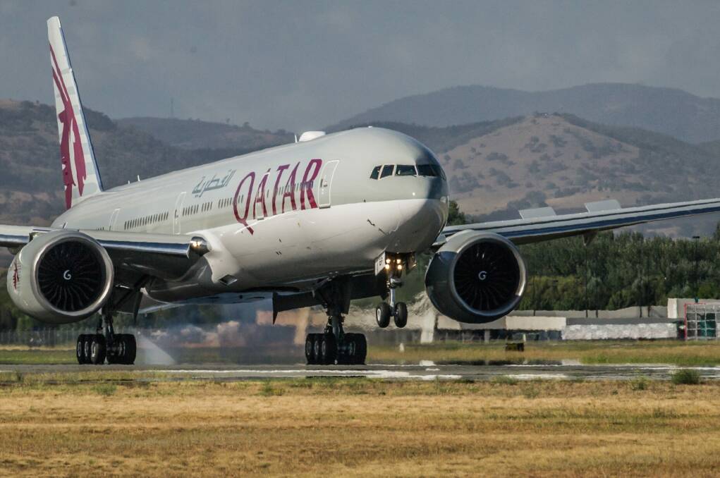 A Qatar Airways plane lands at Canberra international airport to launch the new daily service from Canberra to Doha, Qatar.  Photo: karleen minney