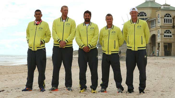 Team Australia: Nick Kyrgios, Chris Guccione, Pat Rafter, Lleyton Hewitt and Sam Groth of Australia pose for a team photo following the draw for the Davis Cup world group play-off between Australia and Uzbekistan.  Photo: Getty Images