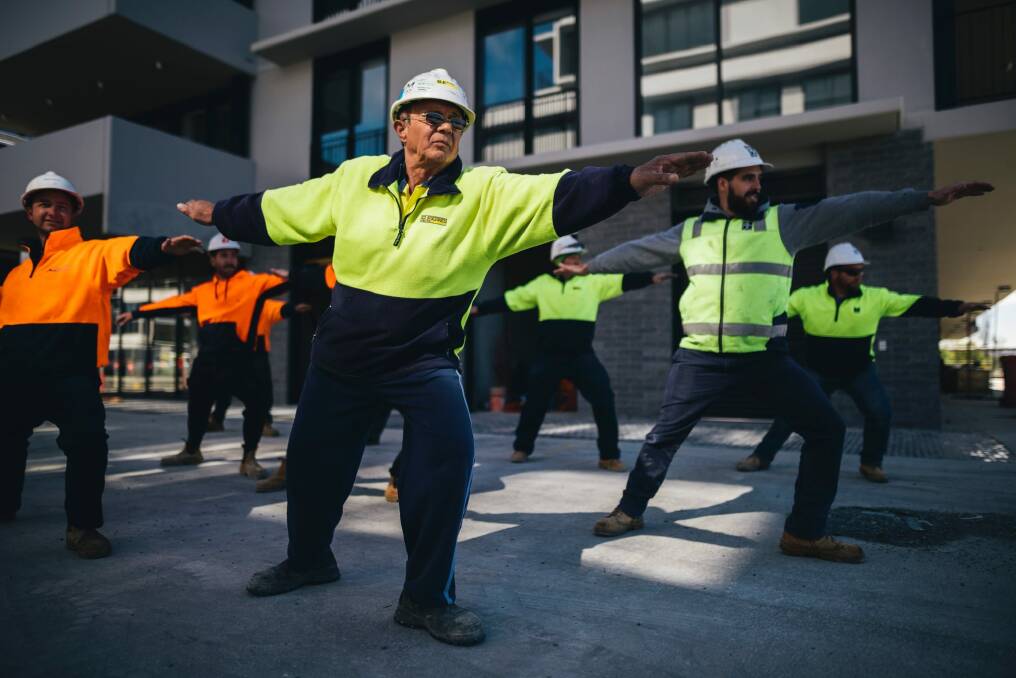 Kingston tradies in a mindful body movement class. Photo: Rohan Thomson