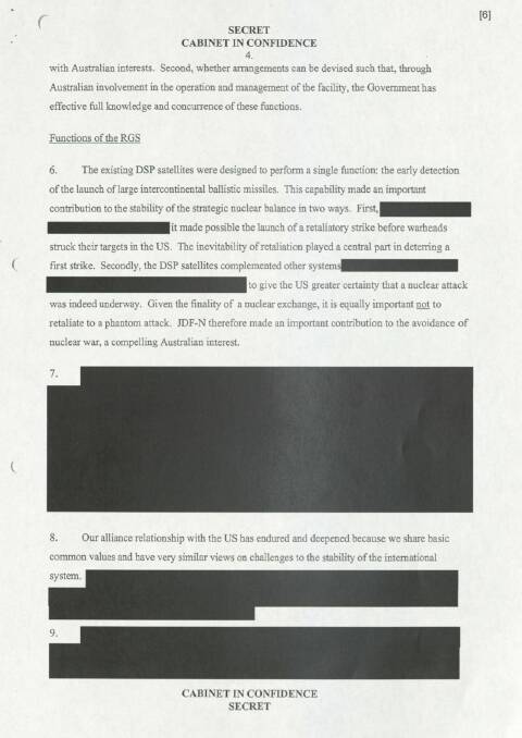 A screenshot of a page of a Cabinet document from 1997 regarding the US Defence facility at Pine Gap. Released as part of the January 1 release of Cabinet documents, it is still heavily redacted. Photo: National Archives of Australia