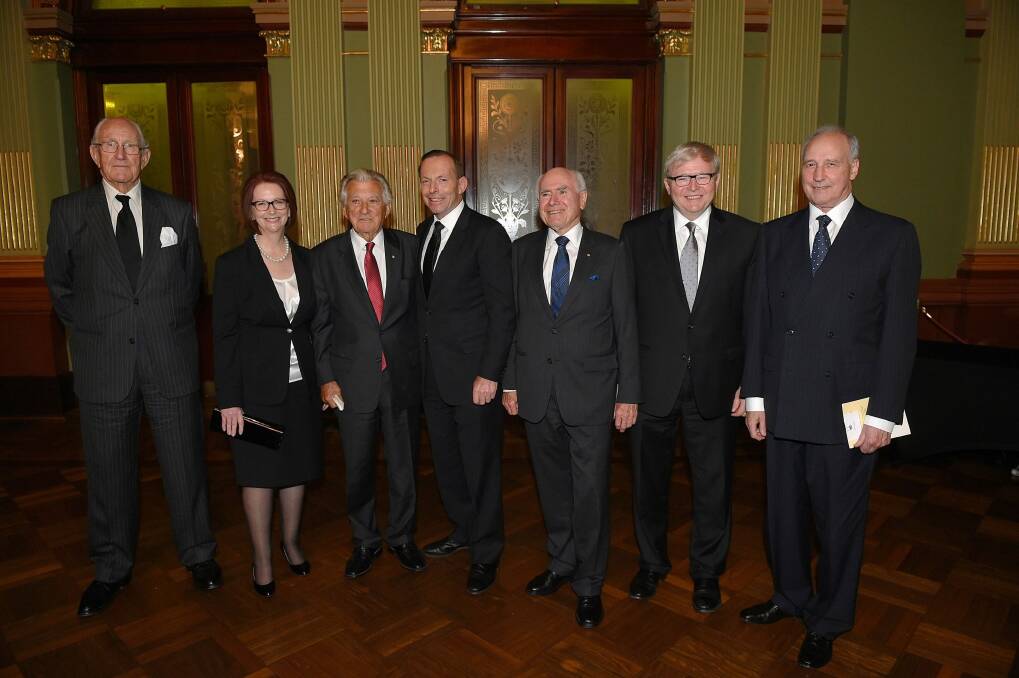 Australia's living former prime ministers at the 2014 memorial service for Labor legend Gough Whitlam in Sydney. Photo: Dan Himbrechts