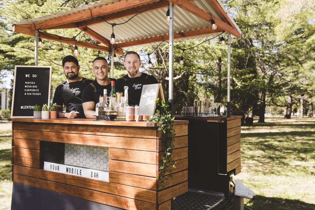 Lenton Bar is Canberra's newest mobile bar.
From left, Manuk Samarasinghe, Amit Oberoi, and Matt Harris. Photo: Jamila Toderas
